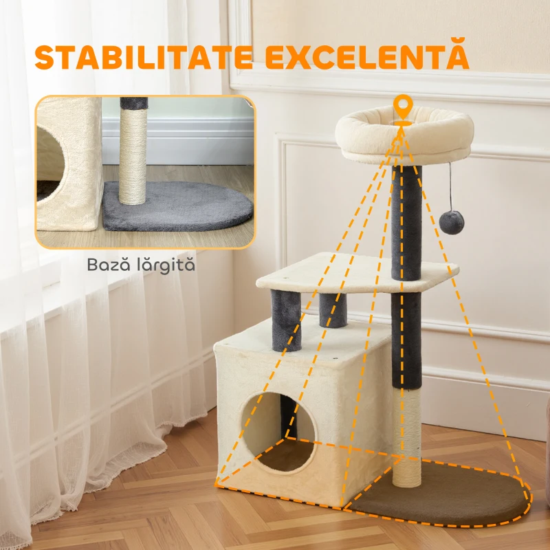 PawHut Arbore pentru Pisici, Înălțime 92 cm, cu Căsuță, Pat, Stâlpi din Sisal și Minge, Alb Crem