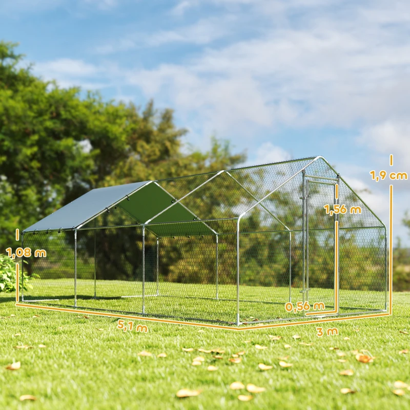 PawHut Galinheiro Grande para Exterior de Aço Galvanizado 5,1x3x1,9 m 15,3 m² com Cobertura de Tecido Oxford e Fecho Prata