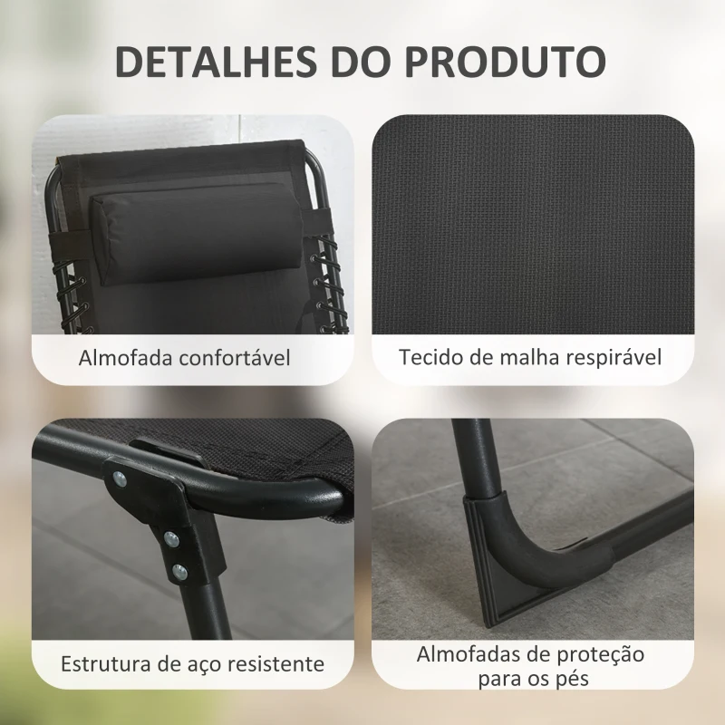 Outsunny Espreguiçadeira Dobrável com Encosto Ajustável Apoio de Cabeça Almofadado e Estrutura em Aço para Exterior 189x58x30 cm Preto