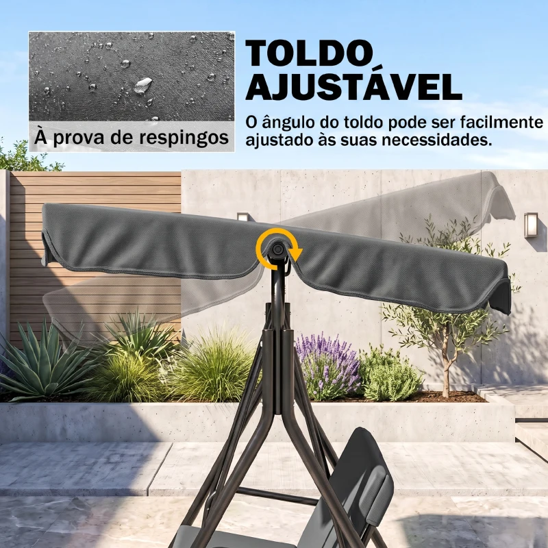 Outsunny Baloiço de Jardim de 3 Lugares com Almofada Toldo Ajustável e Estrutura de Aço para Balcão Terraço 172x110x153 cm Cinza