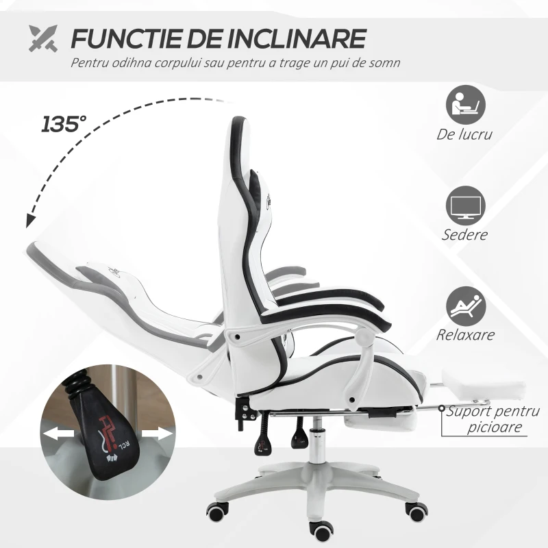Vinsetto Sedia da Gaming con Altezza Regolabile e Schienale Reclinabile, 65x65x121-129 cm, Bianco e Nero
