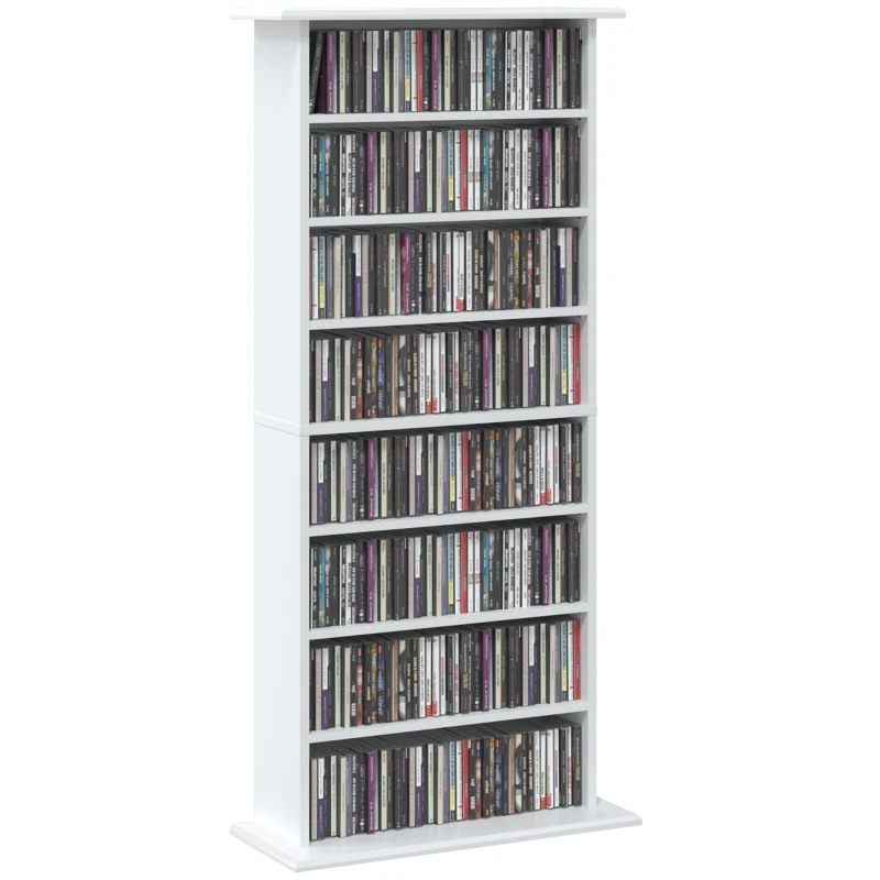 HOMCOM Dulap media îngust, 8 niveluri, 6 polițe reglabile, 8 compartimente, pentru 360 CD-uri, Alb