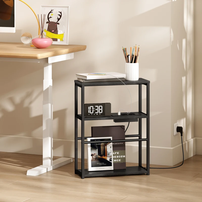 HOMCOM Beistelltisch Sofatisch mit Steckdosenleiste, Ablage, für Kleine Räume, 45x18x60,2cm, Schwarz