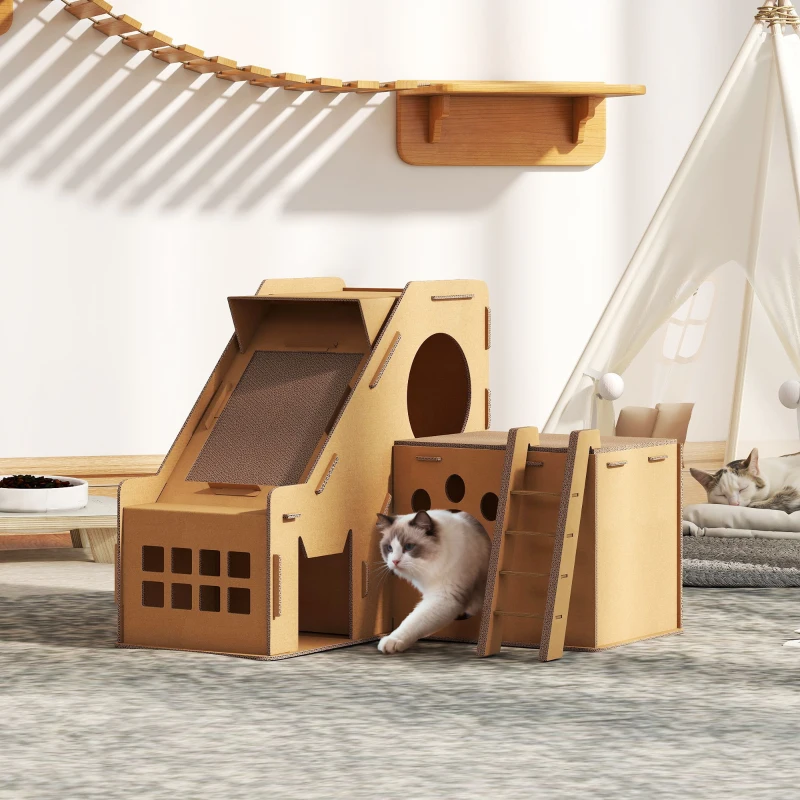 PawHut Arranhador para Gatos em Forma de Castelo 2 em 1 com 2 Áreas para Arranhar Catnip Rampa e Escada  67x66x57 cm Castanho