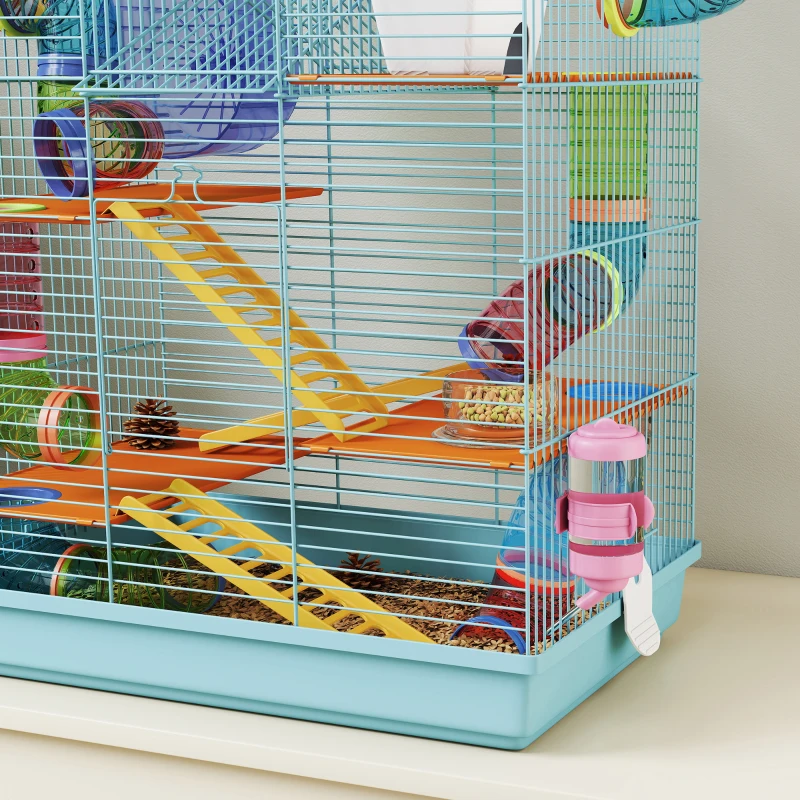 PawHut Gabbia per Criceti a 5 Piani con Tubi Colorati, Ruota, Casetta e Accessori, 47x30x59 cm, Azzurro