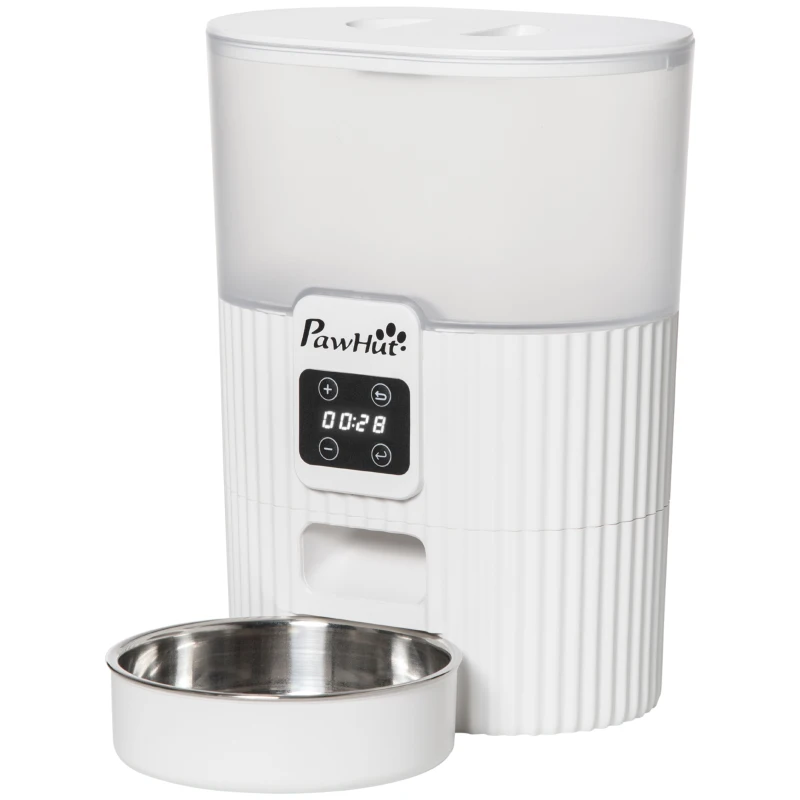PawHut Comedouro Automático para Cães e Gatos 3,5L com Ecrã LED Temporizador Gravador de Voz Programável 4 Refeições ao Dia Tigela Removível e Lavável 20,5x25x28cm Branco