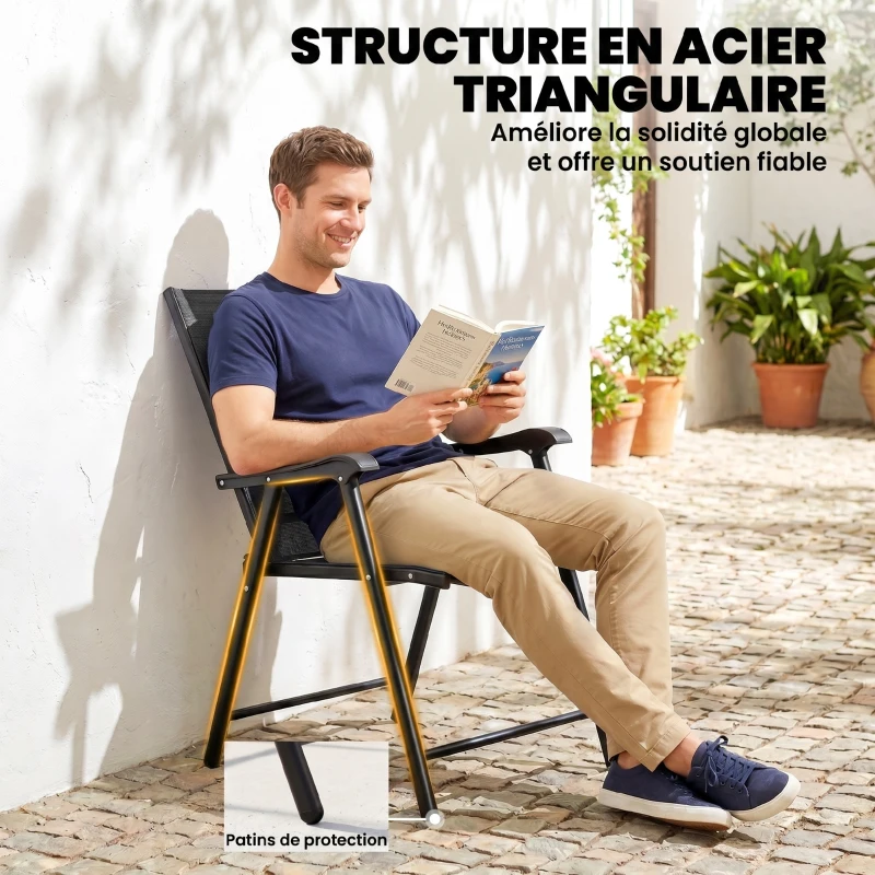 Outsunny Lot de 4 Chaises de Jardin Pliantes Structure Acier Robuste sans Montage Dossier Haut Ergonomique 58x62x97cm Noir