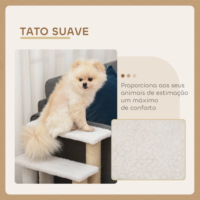 PawHut Escada para Gatos de 4 Níveis Coberta de Pelúcia Suave Poste de Juta Bola Pendurada Arranhador para Gatos 60x40x64 cm Branco