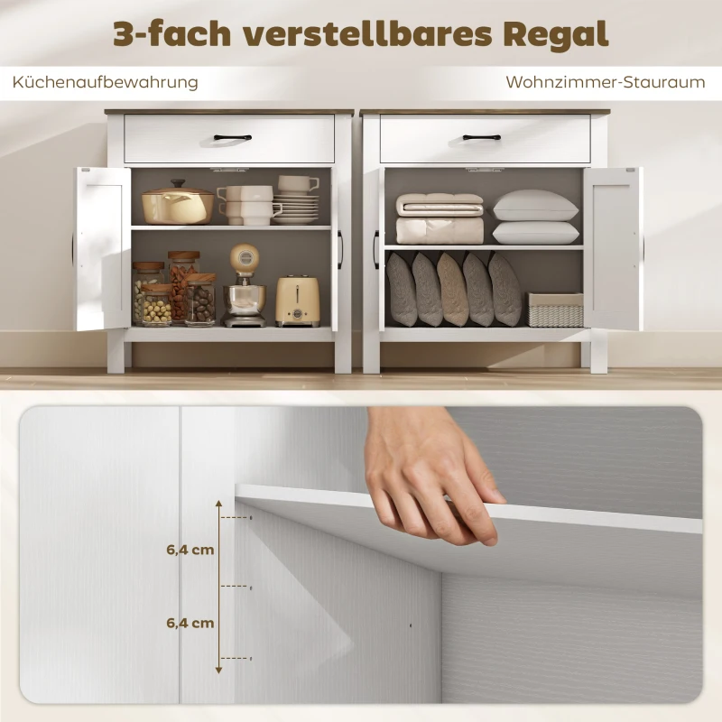 HOMCOM Sideboard Buffet-Schrank, Bauernhaus-Küchenschrank mit Schiebetüren und verstellbarem Regal, Weiß