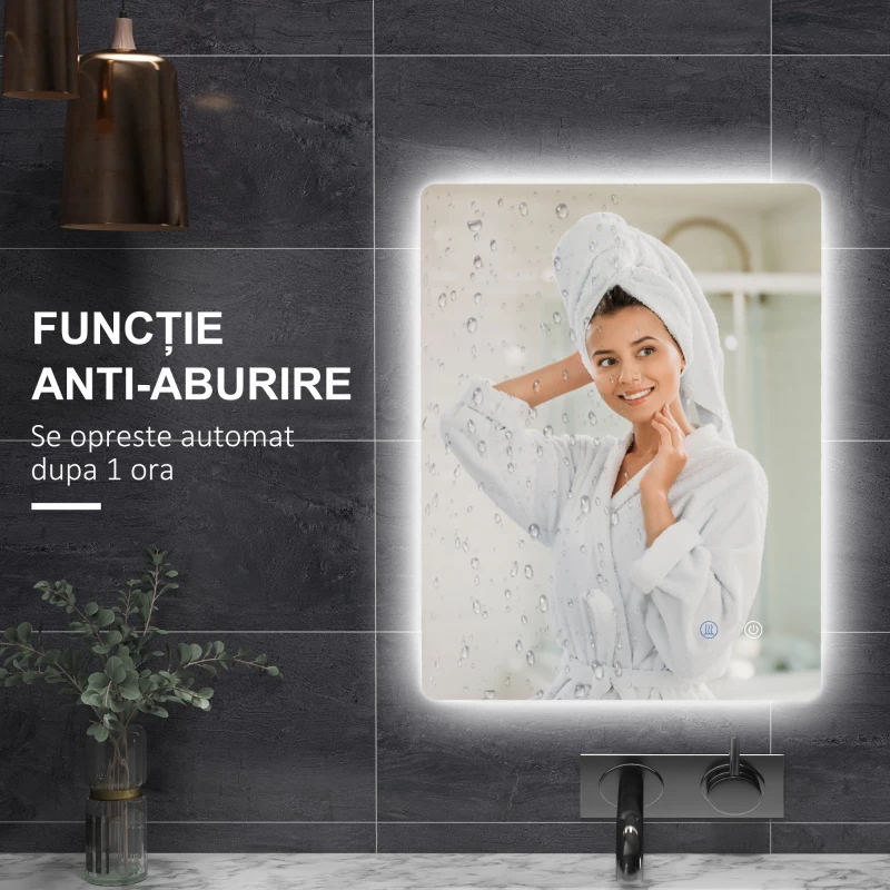 kleankin Oglindă de Baie cu Lumini LED Reglabile, Comutatoare Touch și Funcție Antiaburire, 70x50 cm