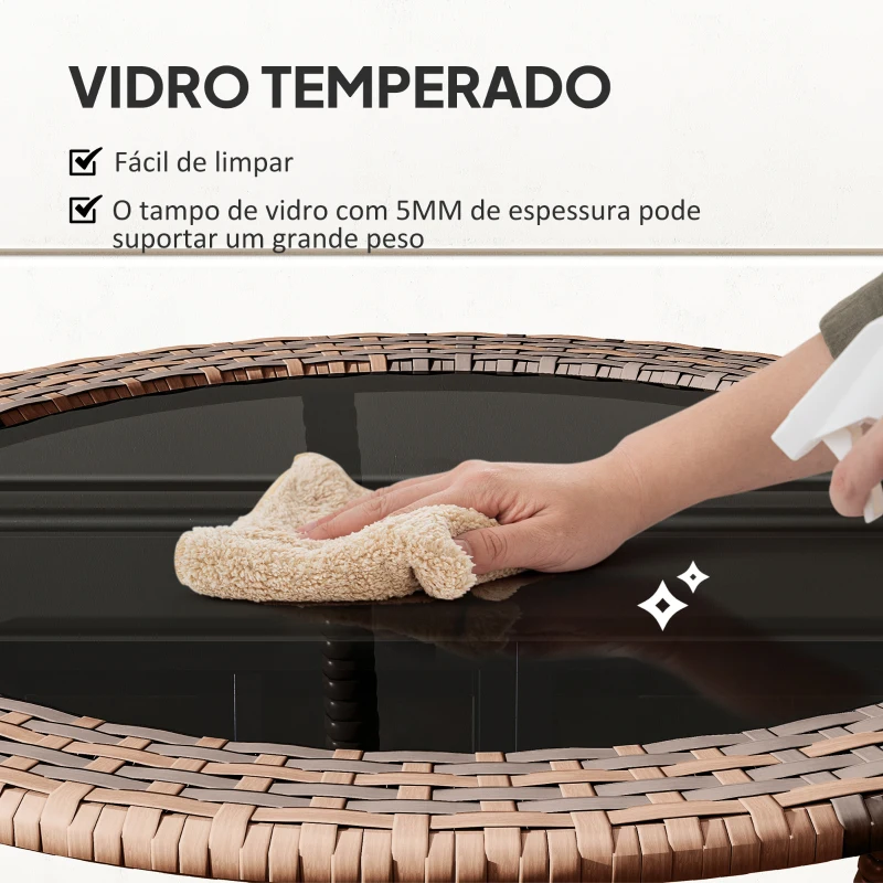 Outsunny Mesa de Vime Redonda Ø64x71 cm Mesa de Jardim com Estante e Tampo de Vidro Suporta 50 kg para Terraço Pátio Castanho