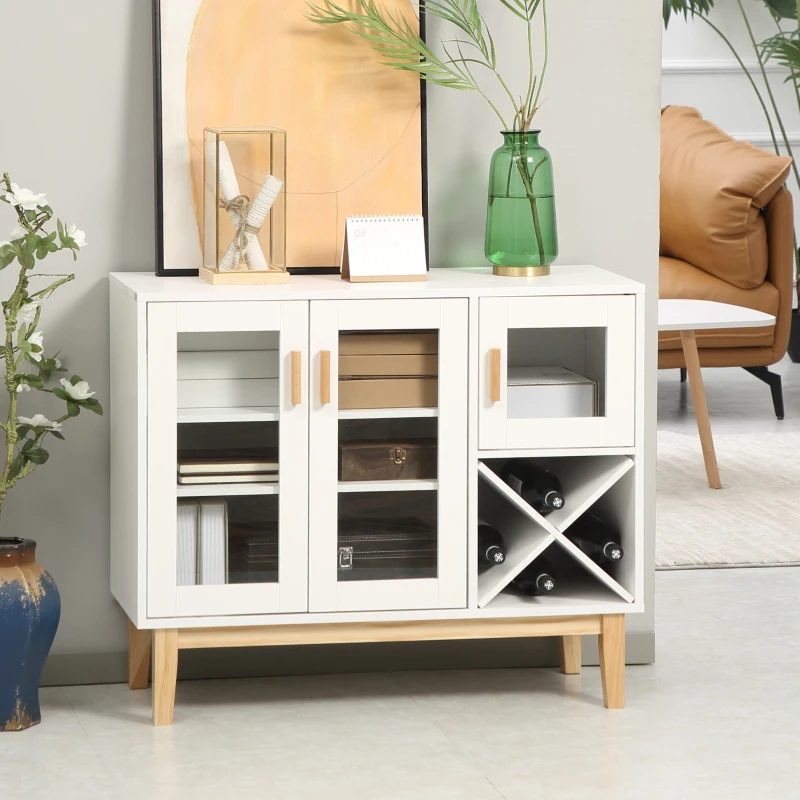 HOMCOM Aparador de Cozinha com 3 Portas de Vidro e Suporte em Forma de X para 4 Garrafas Móvel Buffet Auxiliar 90x37x75cm Branco