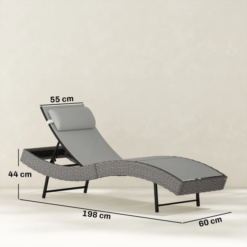Outsunny Chaise longue en résine tressé, bain de soleil avec dossier réglable 5 positions et appui-tête, 198 x 61 x 44 cm, gris