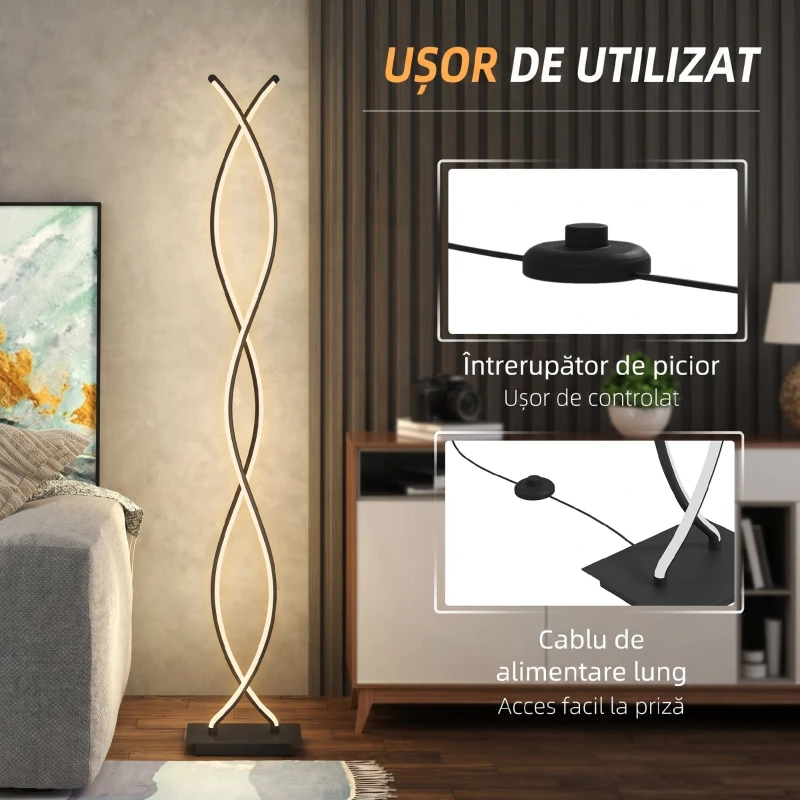 HOMCOM Lampă de Podea LED cu Spirală Dublă, Negru