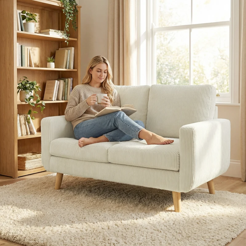 HOMCOM Sofá de 2 Lugares em Veludo 134 cm com Pés de Madeira Encosto Espesso Sofá Moderno para Sala Quarto Creme