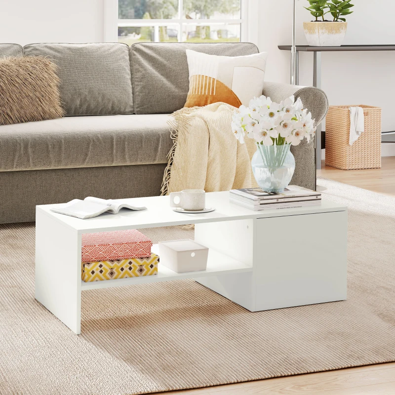 HOMCOM Mesa de Centro com Superfície Deslizante Moderna com Compartimento Oculto Prateleira Aberta 110x52x36 cm Branco