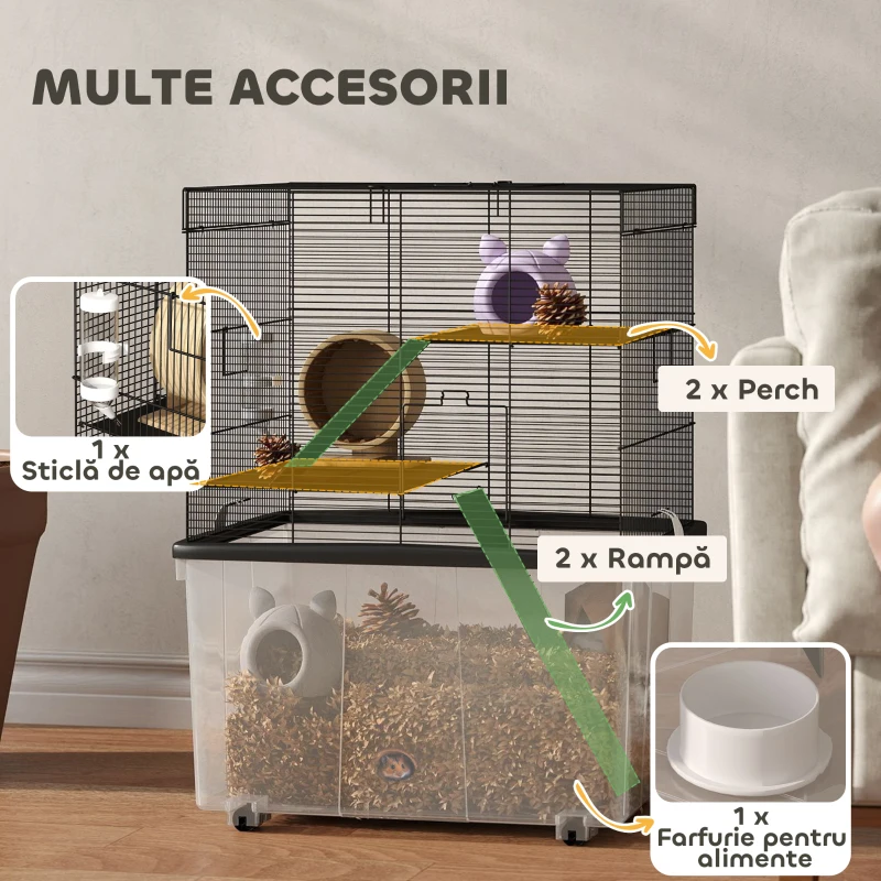 PawHut Cușcă pentru Hamsteri cu 3 Etaje, Roți, 2 Platforme, Rampe, Castron și Sticlă, 58x43x74 cm, Negru