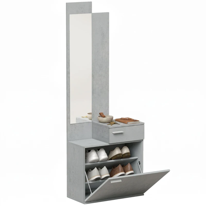 HOMCOM Ensemble meuble d'entrée avec meuble à chaussures abattant, vestiaire avec miroir, tiroir et plateau, gris