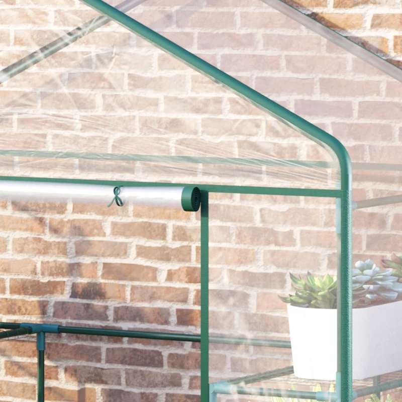 Outsunny Rechteckiges Garten- und Terrassengewächshaus 143x73x195cm, Transparente PVC-Platte und 8 Einlegeböden, aufklappbare Rolltür