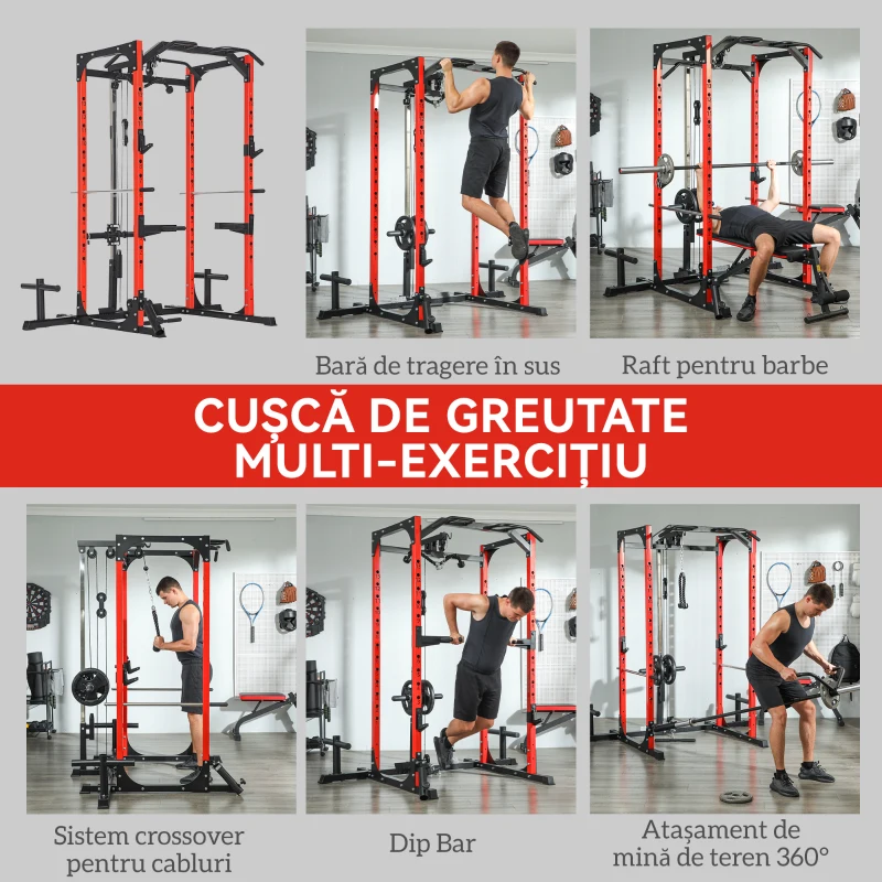 SPORTNOW Stație de Fitness cu Suport pentru Haltere și Bară pentru Tracțiuni și Dip, din Oțel, 191x153x205 cm, Roșu și Negru