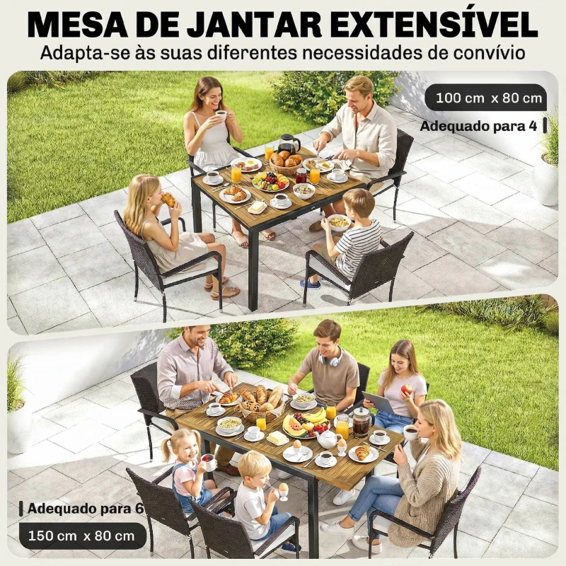 Outsunny Conjunto de Mesa e Cadeiras de Jardim em Vime 7 Peças com Mesa Extensível em Madeira e 6 Cadeiras Empilháveis Creme