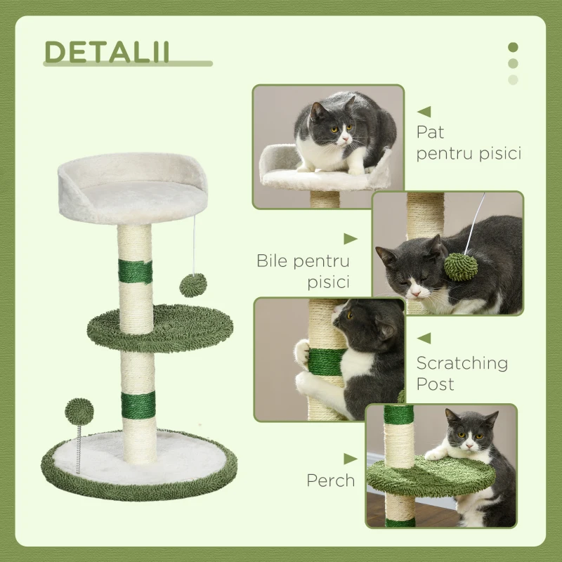PawHut Ansamblu de joacă pentru pisici cu pat, 2 bile, platformă și stâlp din sisal, verde și alb