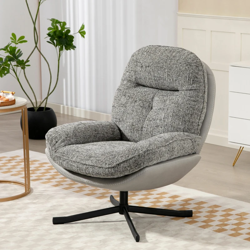 HOMCOM Poltrona Giratória Moderna com Base Cruzada Estofada em Chenille e Couro PU Assento Largo Duplo Pernas de Aço 78x95x99 cm Cinza