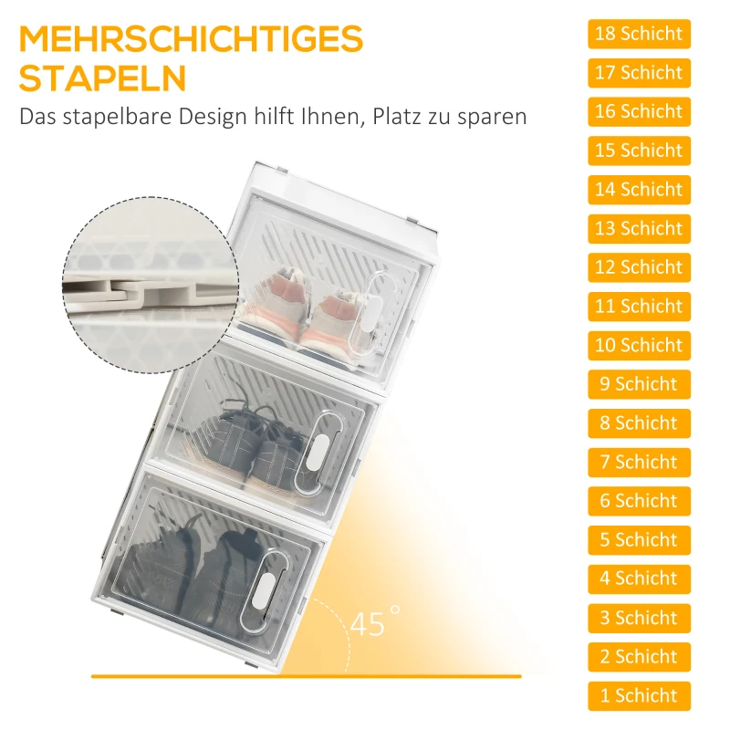 HOMCOM 18-teiliges Schuhregal, stapelbare Schuhboxen für Schuhe bis Größe 45, magnetische Türen, Kunststoff, 28 x 36 x 21 cm(m-4)