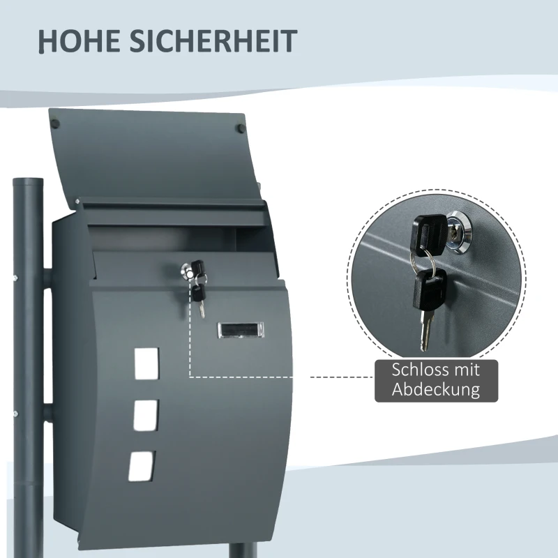 HOMCOM Briefkasten Postkasten, Verriegelung, Standbriefkasten, 2 Schlüssel, Stahl, 44 cm x 15 cm x 114 cm,  Grau