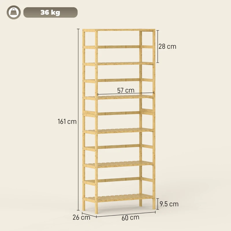 HOMCOM Raft din Lemn de Bambus cu 6 Niveluri și Polițe Reglabile, 60x26x161 cm, Lemn Natural