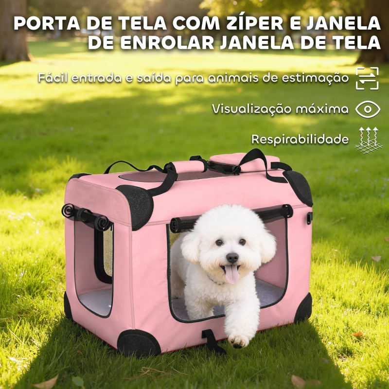 PawHut Transportadora Dobrável para Cães 60x41,5x41 cm com Janelas de Rede, Almofada Macia e 2 Alças para Mini Cães e Gatos Rosa