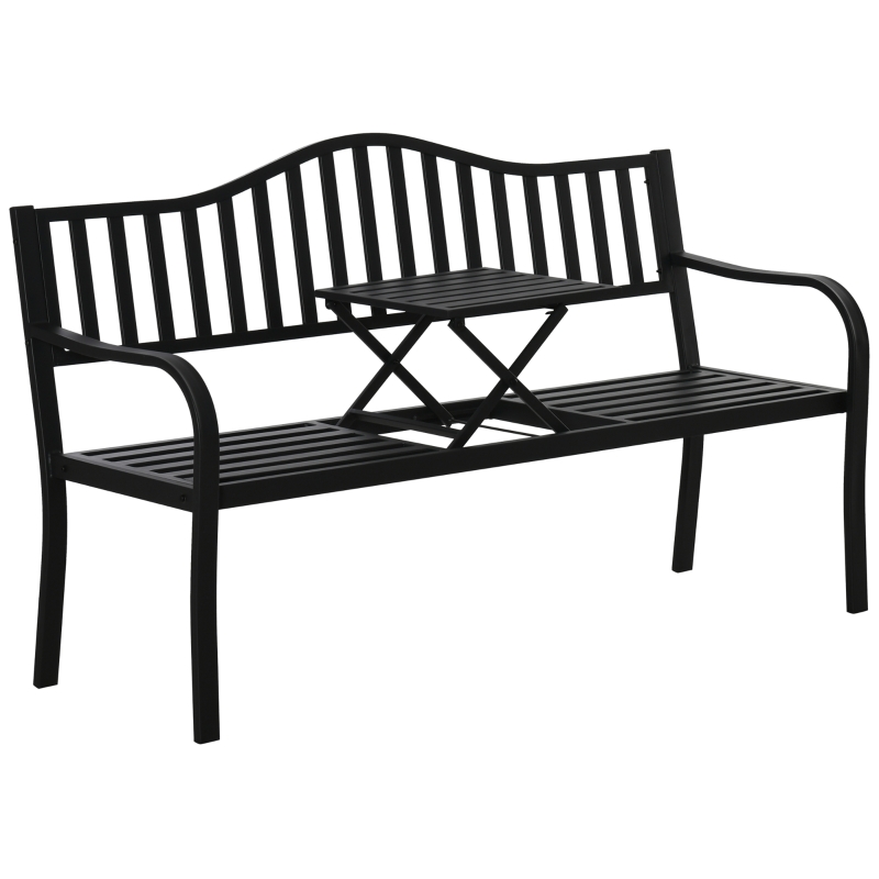 Outsunny Gartenbank mit ausziehbarem Tisch für 2-3 Personen Parkbank aus Metall Sitzbank Bank Terrassenbank mit Rücken- & Armlehnen Gartenmöbel Schwarz 150 x 58,5 x 90 cm