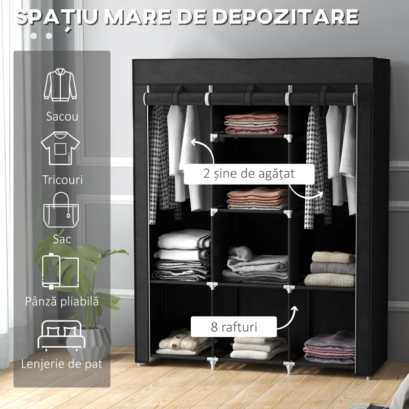 HOMCOM Dulap din Material Textil cu Bază Înălțată, 8 Rafturi și 2 Bare, 125x43x162.5 cm, Gri Închis