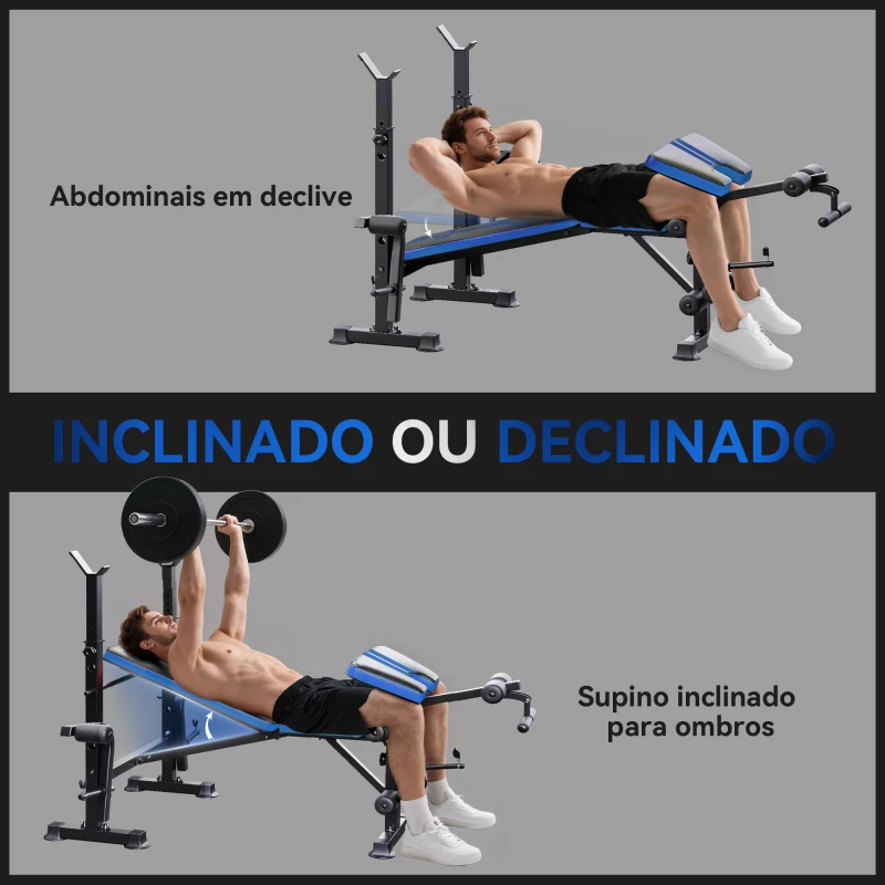 HOMCOM Banco de Musculação com Encosto Ajustável e Suporte para Barras Regulável para Treino em Casa Ginásio 175x139x127 cm Preto e Azul