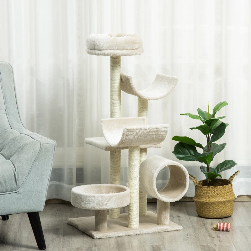 PawHut  Arbre à chats multi-équipements griffoirs grattoirs plates-formes + tunnel dim. 50L x 40l x 105H cm beige