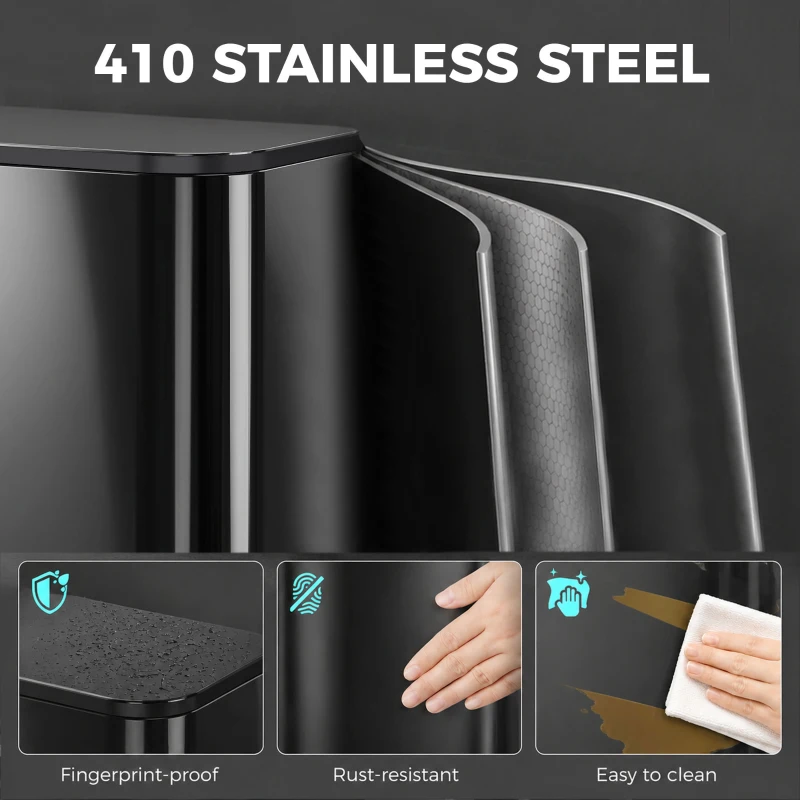 HOMCOM 50L Kitchen Bin, Metal Pedal Rubbish Bin with Soft Close and Stay-Open Lid, Removable Inner Bucket, High Gloss Black
