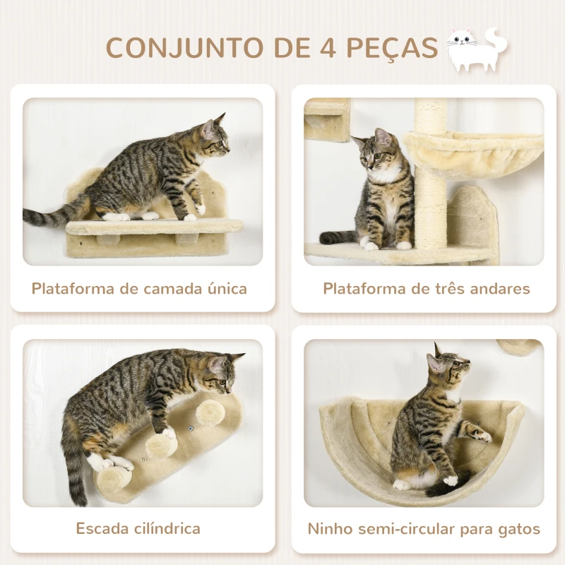 PawHut Prateleiras de Parede para Gatos 4 Peças com Rede Plataforma Semicircular Plataformas de Salto e Poste de Sisal Bege