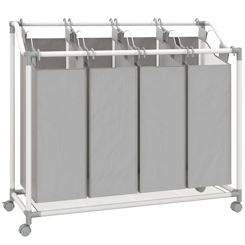 HOMCOM Wäschekorb mit 4 Fächer 160 L Wäschesammler mit Rädern, herausnehmbarer Wäschesack, 97 x 38 x 81 cm, Grau