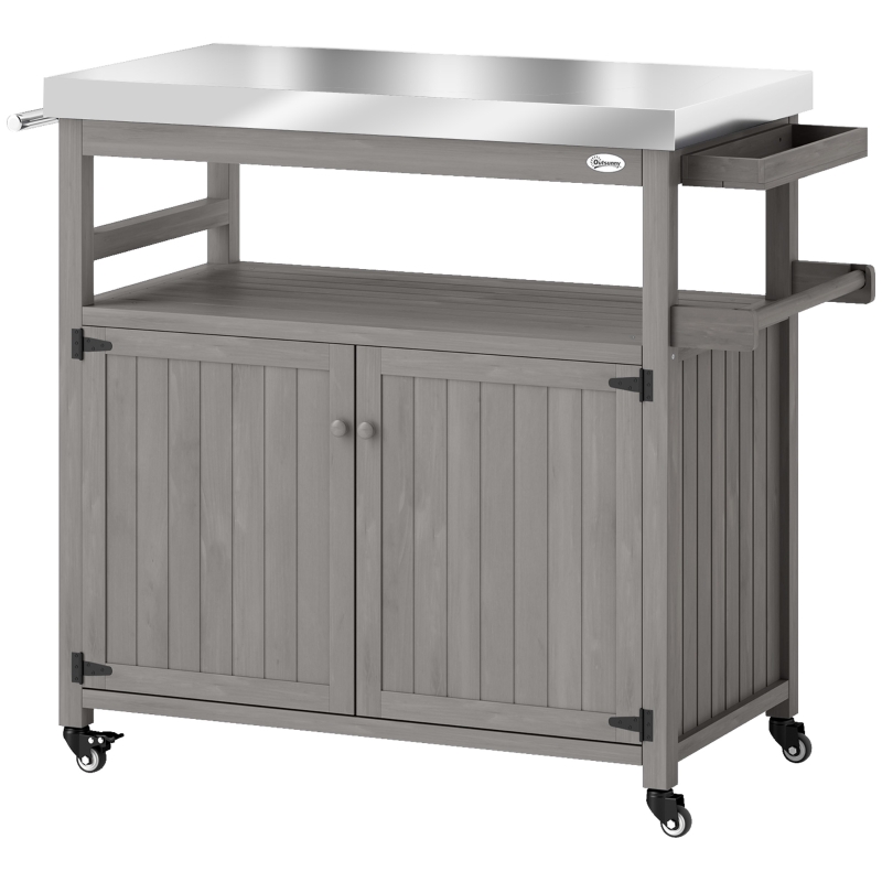 Outsunny Outdoor-Kücheninsel, Grillwagen mit Schrank und Regalen, Küchenwagen aus Holz und Edelstahl, mit Rollen, Grau
