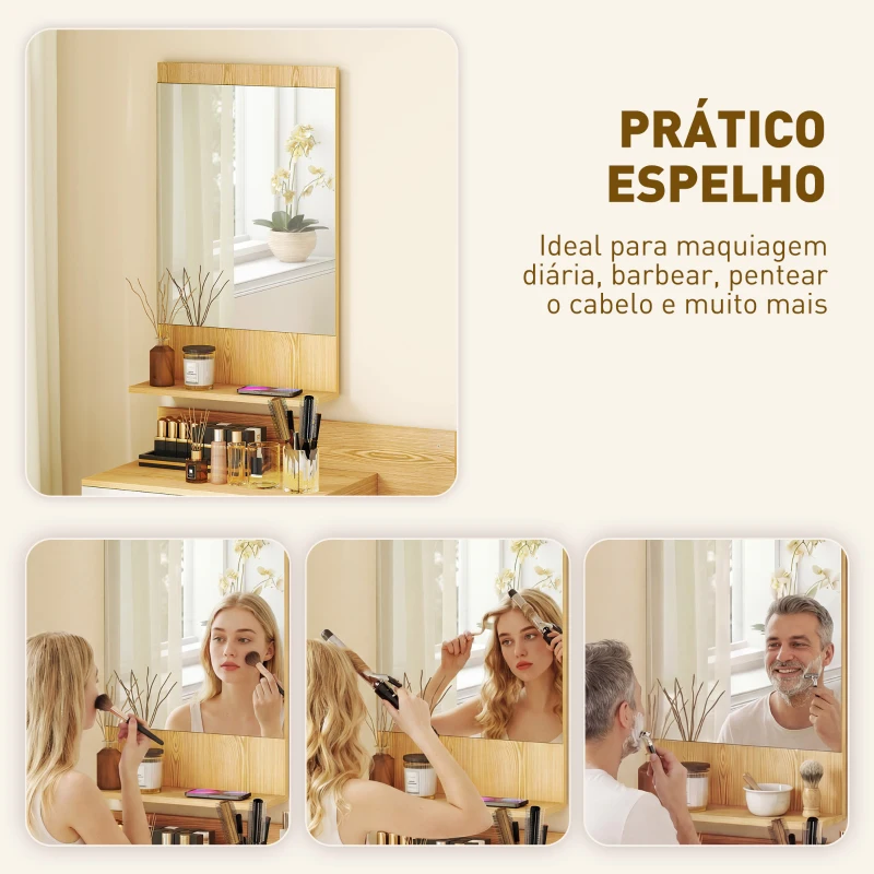 HOMCOM Conjunto de Móveis de Entrada de Parede com Espelho e Arrumação com Gaveta e 2 Prateleiras Abertas em Madeira Natural