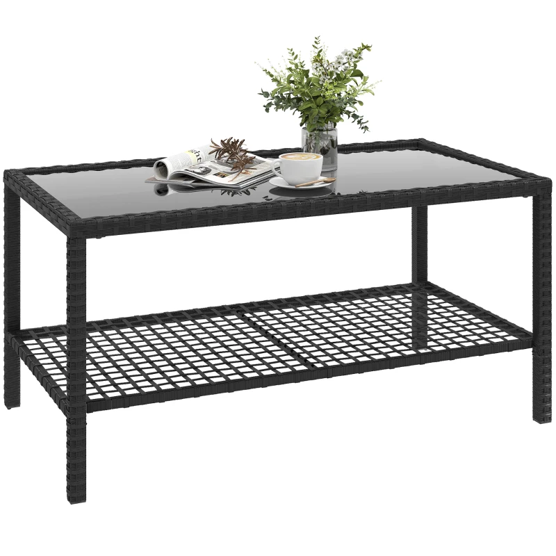 Outsunny Măsuță de Cafea din Ratan pe 2 Niveluri cu Raft, Blat din Sticlă Securizată, Măsuță de Exterior cu Cadru din Oțel, 92x50x45 cm, Negru
