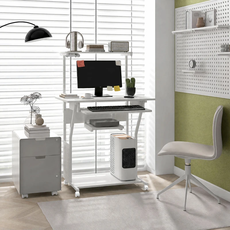 HOMCOM Secretária para Computador com Rodas, Bandeja para Teclado, Suporte para CPU e Prateleiras 80x50x130 cm Branco
