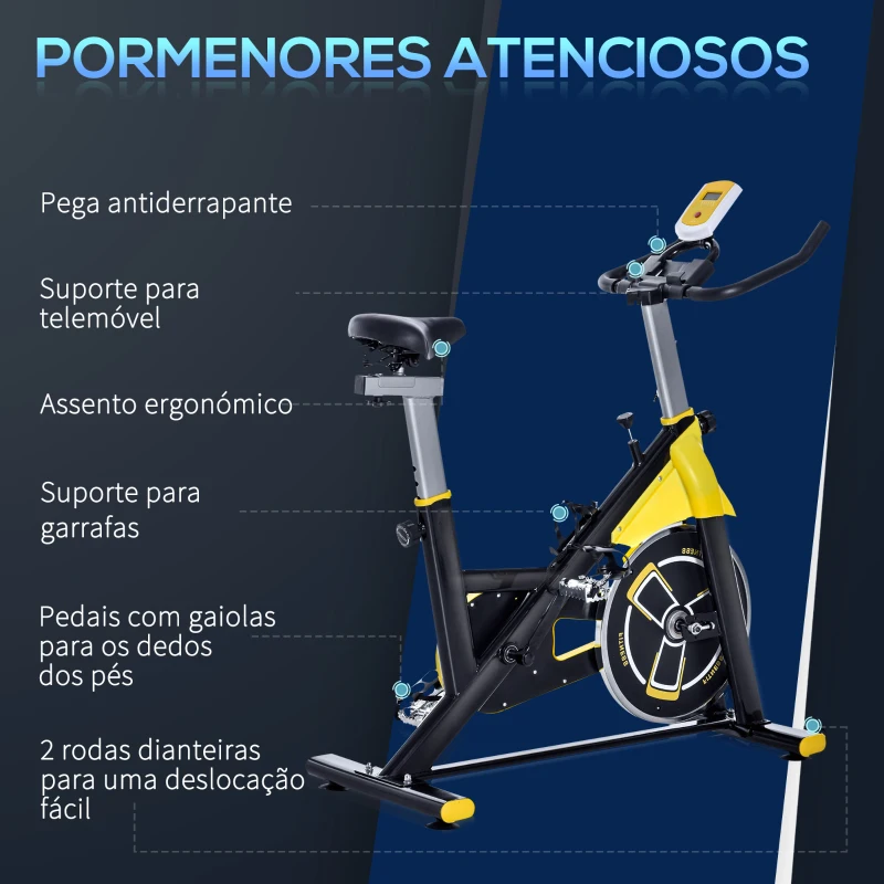 HOMCOM Bicicleta Estática com Resistência Ajustável Ecrã LCD Guiador e Assento Ajustáveis  45,5x100x101-113 cm Amarelo e Preto