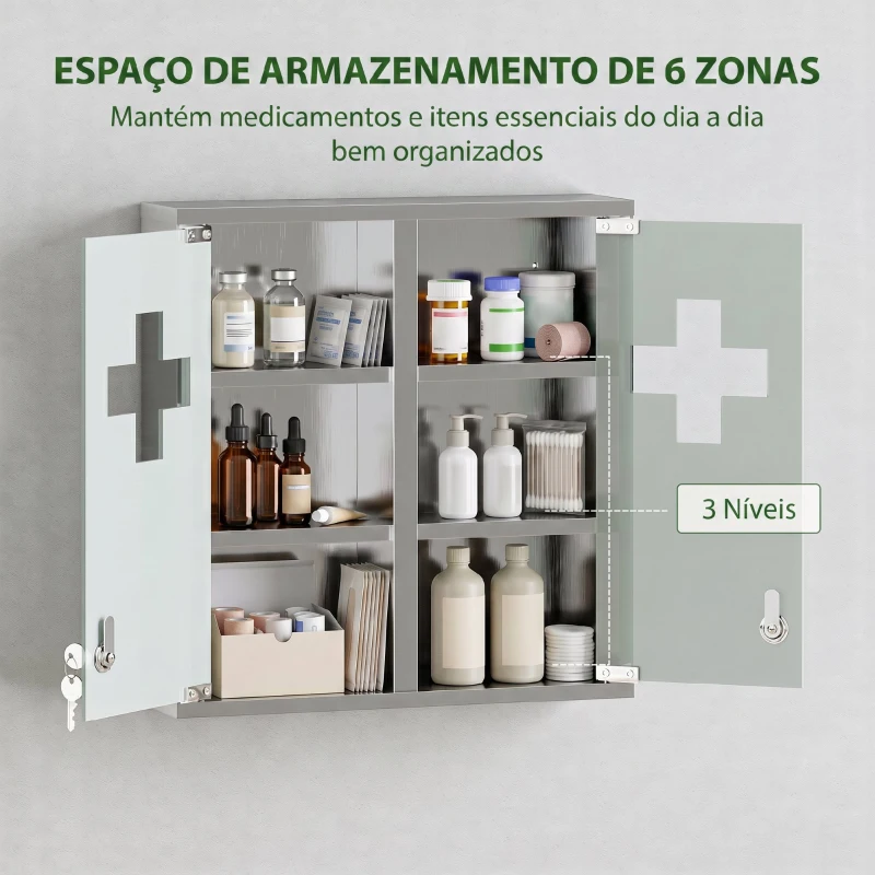 HOMCOM Armário de Medicamentos de Parede com Fechadura, Portas de Vidro, Prateleiras e 2 Chaves para Casa de Banho e Cozinha 46x12x48 cm Prateado