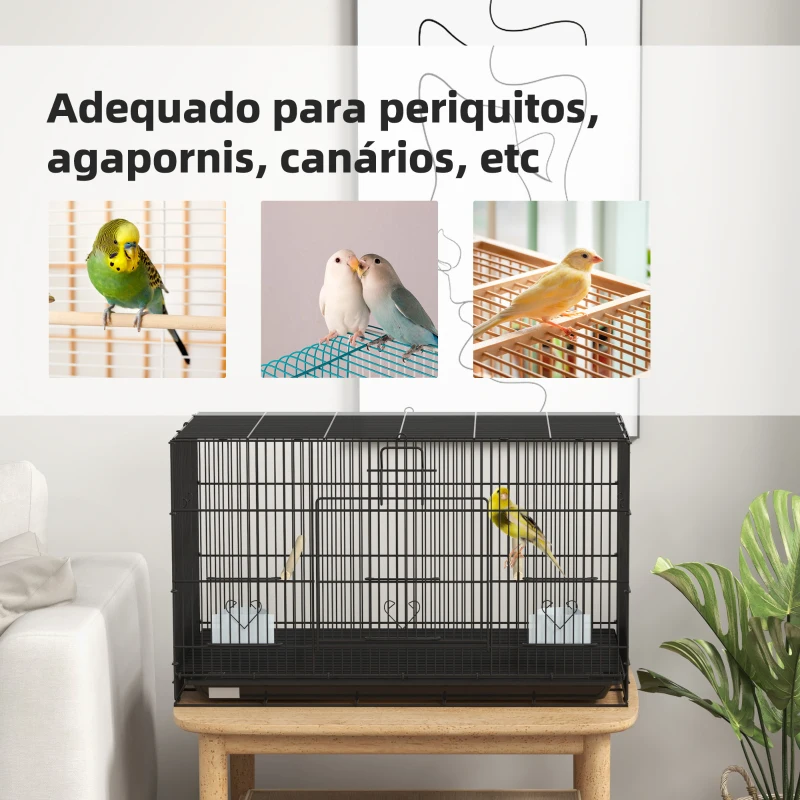 PawHut Gaiola para Pássaros 77x46x45 cm Gaiola de Metal para Pássaros com Bandeja Amovível 2 Poleiros e 2 Comedouros Preto