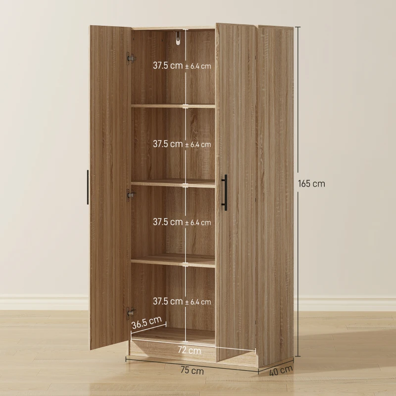 HOMCOM Bufet Modern de Bucătărie cu 2 rafturi reglabile și uși cu închidere amortizată, 75x40x165 cm, lemn