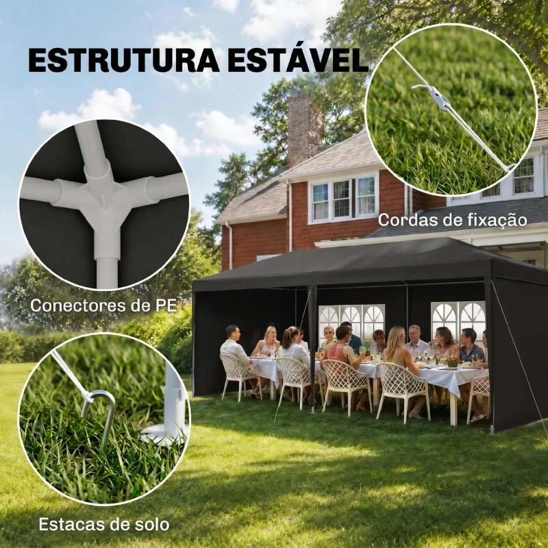 Outsunny Tenda de Jardim 6x3m com 4 Paredes Laterais e 2 Janelas Visíveis Pérgola Gazebo de Exterior para Festas e Eventos Cinzento