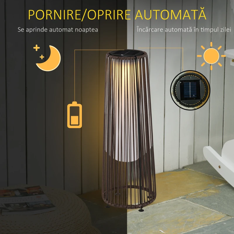 Outsunny Lanternă solară de grădină cu lumină LED din ratan și metal, Ø21.5x61cm, maro