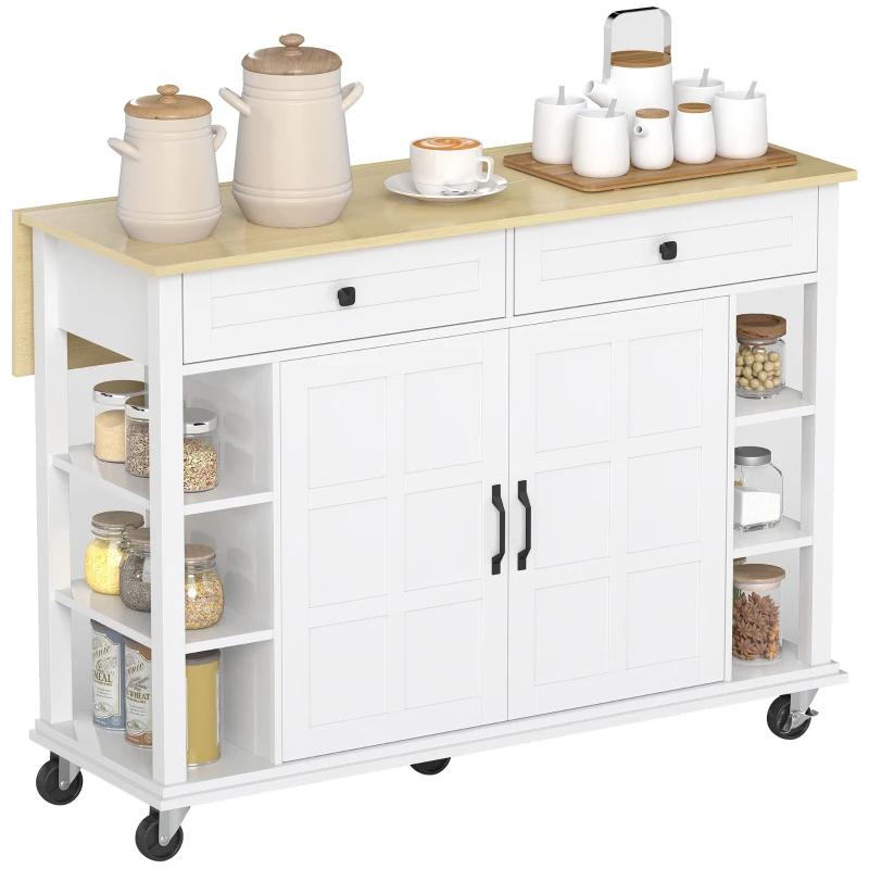 HOMCOM Ilha de Cozinha com Rodas Bancada Dobrável 2 Portas com Fecho Suave 2 Gavetas 6 Prateleiras Abertas 120x65x89 cm Branco