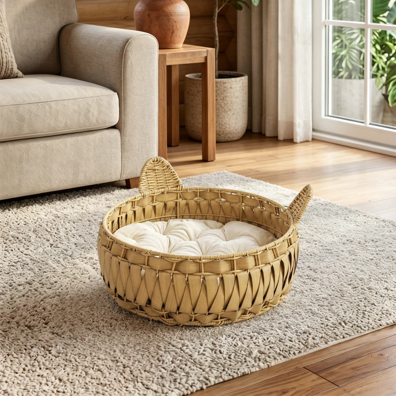 PawHut Katzenbett Rattan Katzenhöhle mit abnehmbares Kissen, Katzenkorb für Katzen bis 10 kg, 50 x 50 x 25 cm, Hellbraun